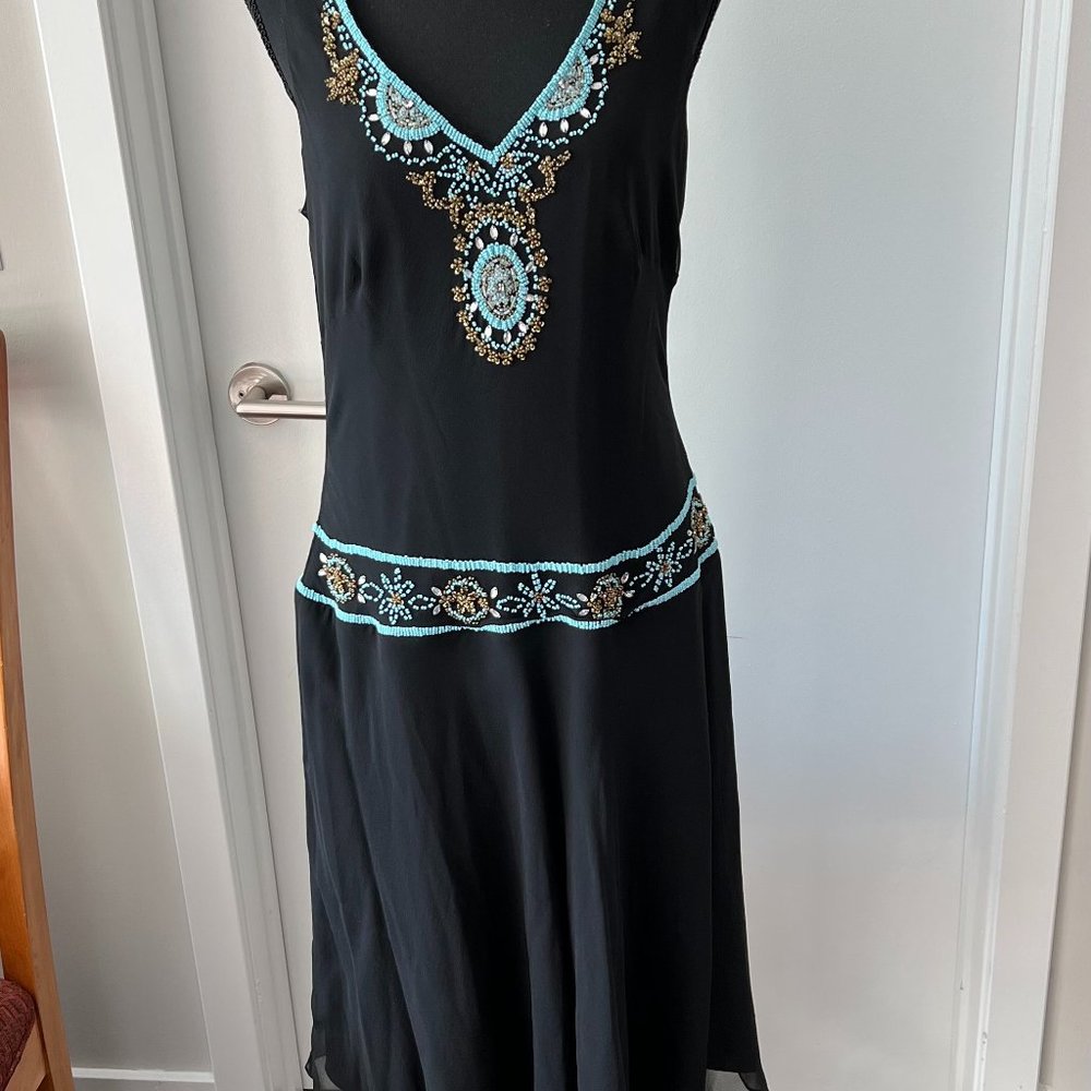 Gorgeous Vera Christina Black Silk Turquoise Beaded Neckline and waist !